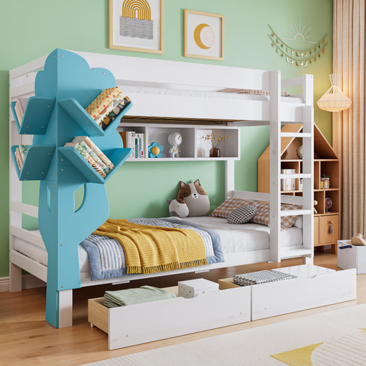 Etagenbett, Kreatives Kinderbett, Bücherregal in Baumform, Offenes Regal, Zwei Schubladen mit Rollen, Mit Fallschutzgitter, Reichlich Stauraum, Kiefer+MDF, Weiß+Blau, 90x200cm