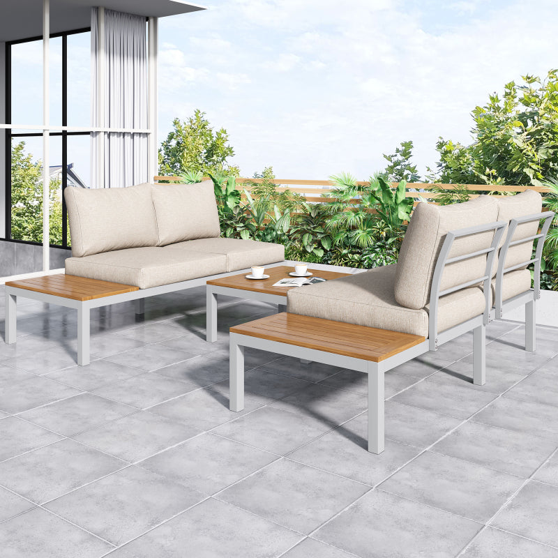 Garten-Loungesessel-Set, Gestell aus verzinktem Stahl, (2x Zweisitzer, 2x Beistelltische, 1x Tisch), Akazienholzplatte, Stoffbezug zur Bespannung der Rückenlehne, beige(previous sku:HW00005AAW)