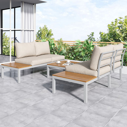 Garten-Loungesessel-Set, Gestell aus verzinktem Stahl, (2x Zweisitzer, 2x Beistelltische, 1x Tisch), Akazienholzplatte, Stoffbezug zur Bespannung der Rückenlehne, beige(previous sku:HW00005AAW)