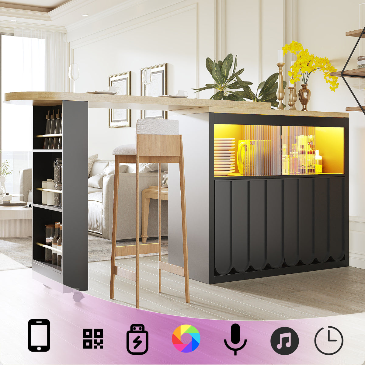 Ausziehbarer Bartisch 135-205cm mit LED & USB, Mobiler Hochtisch Schwarz, Teleskop-Kücheninsel mit Glas-Schiebetür & Soft-Close, Gestreift
