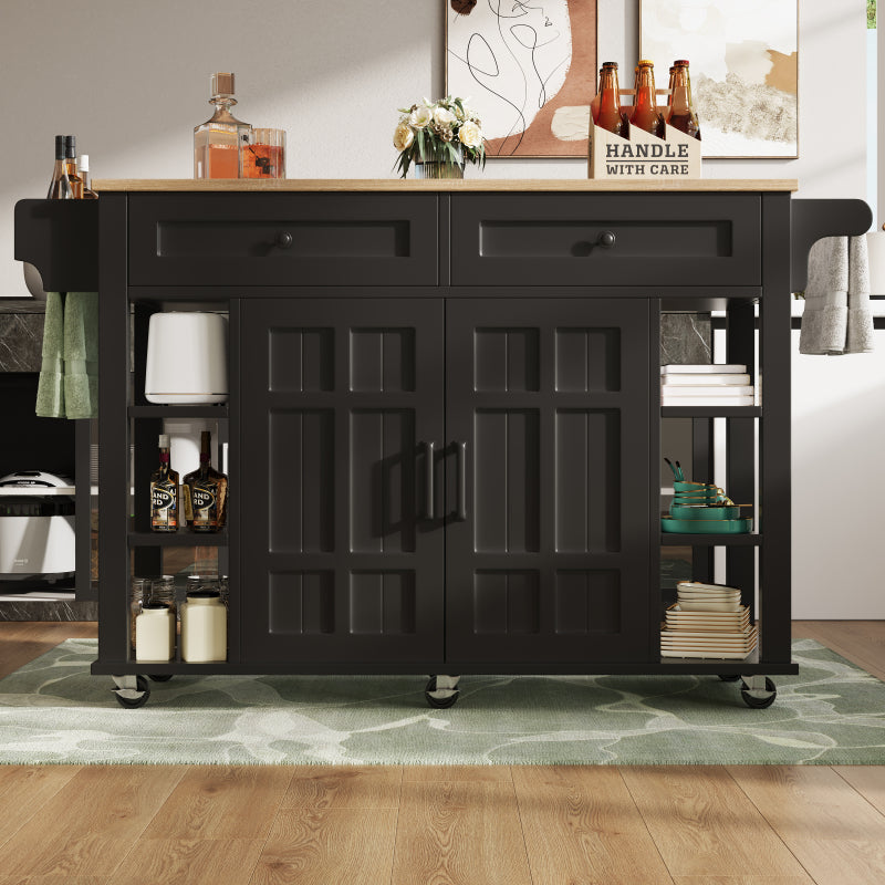 Kücheninsel mit herausnehmbaren Trennwänden, Esszimmerwagen mit Arbeitsplatte, Buffetschrank, Esszimmerwagen mit Holzmaserung, Handtuchhalter beidseitig mit Rollen, schwarz