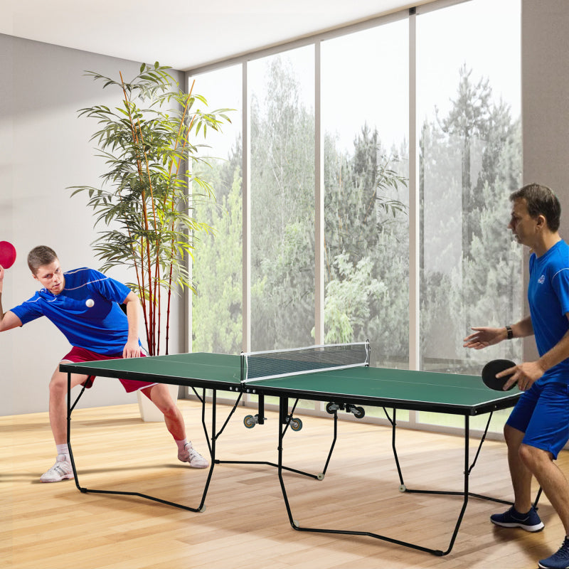 SPORTNOW Indoor Tischtennisplatte mit Rollen, Tischtennistisch Klappbar, Tischtennisspiel-Set mit 2 Tischtennisschlägern, 3 Bällen, Stahl, Grün