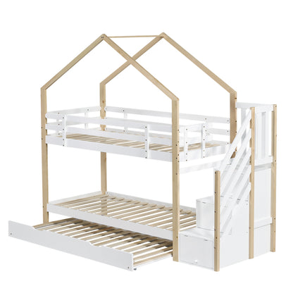 Etagenbett, Ausziehbares Baumhausbett, Schiebebett, Treppe mit 3 Schubladen, Kinderbett mit Absturzsicherung und Kinderbettgitter, mit Lattenroste, Natur+Weiß (90x200cm&90x190cm) [30813567NAA]