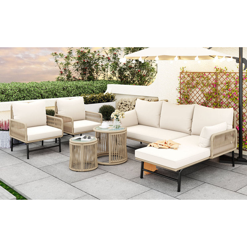 Gartenlounge-Set, Gartenmöbel-Set, Mit Eisenrahmen und beigem Seil, Gartenmöbel aus gewebtem Seil für den Außenbereich, Beige, Zwei Sessel, zwei 2-Sitzer-Sofas und zwei Tische (alle Kissen inklusive)