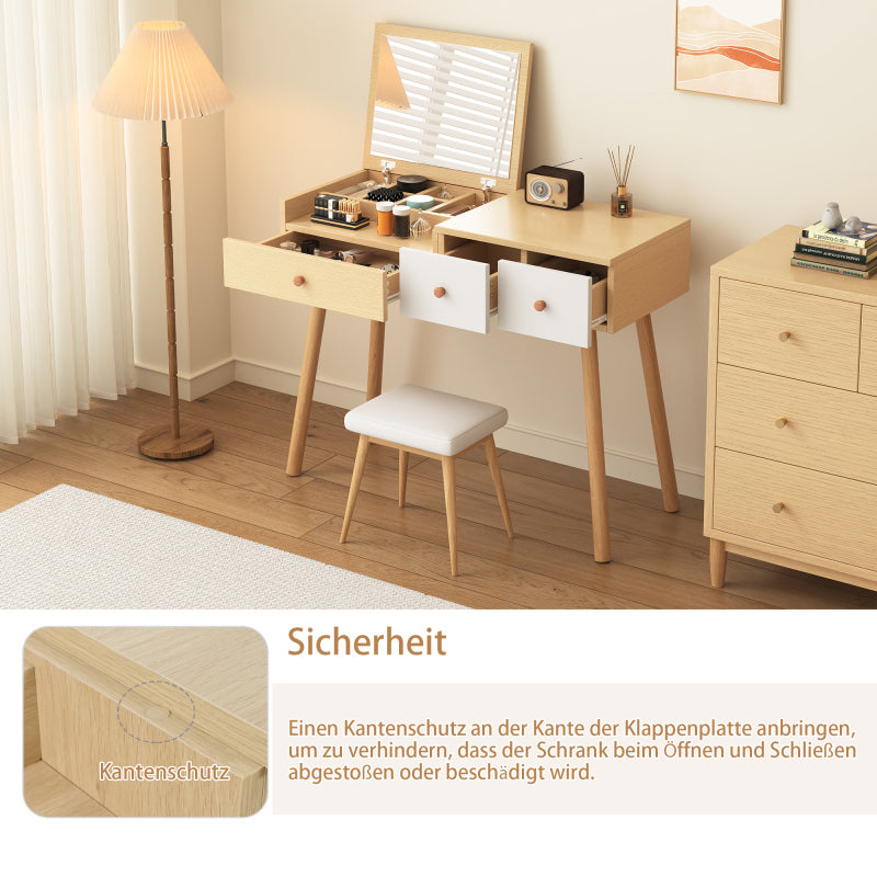 Schminktisch, Kosmetiktisch Mit Spiegel, Schminktisch aus Holz Mit Schubladen, geteilter Stauraum, große Lagerkapazität - Maße:B100/H78/T40 cm(ohne Hocker)(OLD SKU: WF319875AAW)