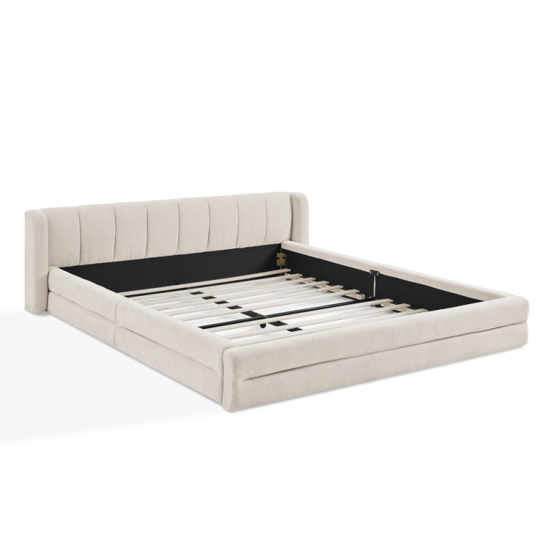 Doppelbett 160×200 cm, Chenille Stoff, komfortable Rückenlehne, robustes Eukalyptus- und Eisengestell, einfach zu montieren, Beige (ohne Matratze)