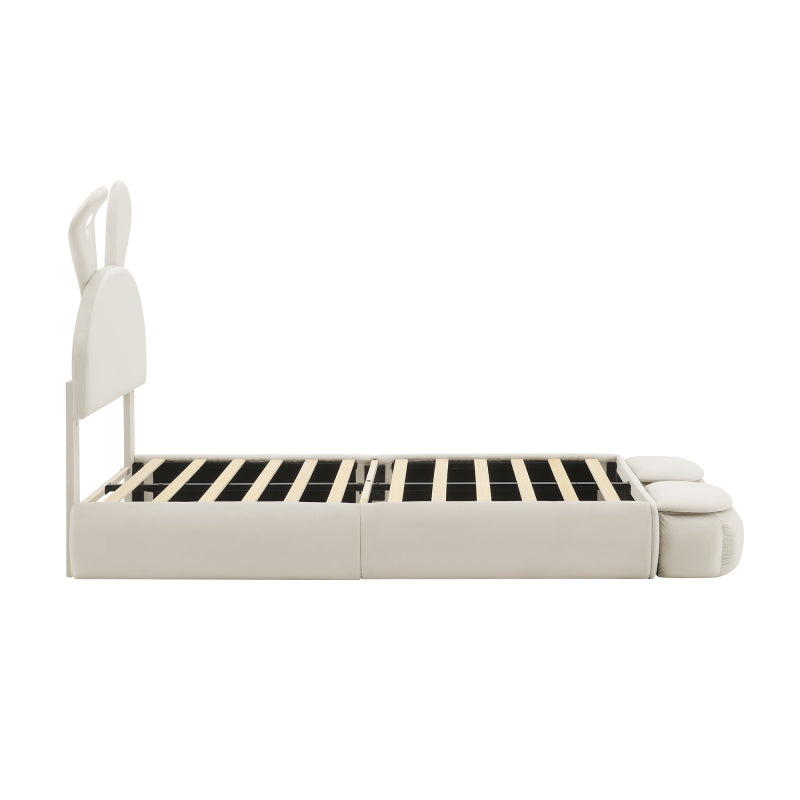 Polsterbett, Einzelbett, Hasenohren mit einstellbarer Helligkeit warmfarbenen Lichtstreifen, mit zwei Aufbewahrungshockern, Kinderbett mit Holzlatten, Samt, Beige, 90x200cm