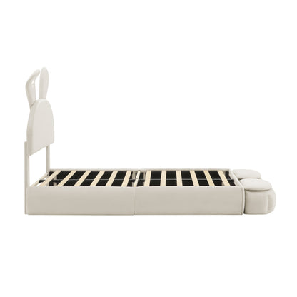 Polsterbett, Einzelbett, Hasenohren mit einstellbarer Helligkeit warmfarbenen Lichtstreifen, mit zwei Aufbewahrungshockern, Kinderbett mit Holzlatten, Samt, Beige, 90x200cm