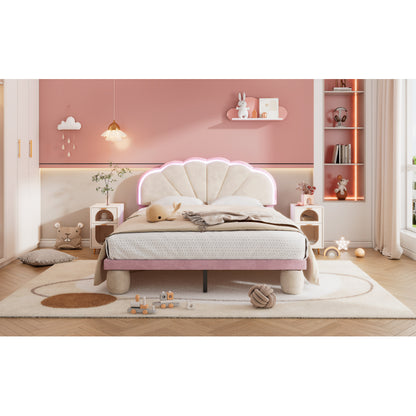 Polsterbett mit mehrfarbigen, wechselnden Lichtstreifen, Kopfteil mit Wellenschliff, mit gepolsterter runden Beine, Kinderbett, Jugendbett mit Holzlatten, Doppelbett, Samt, Beige+Rosa, 140x200cm