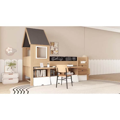 Etagenbett, Baumhausbett mit Schubladen und Ausziehbett, Mit Ausziehtisch, Reichlich Stauraum, Holzbett mit Fenster, Rahmen aus Kiefer, Graffiti-Tafel, Kiefer+MDF, weiß+Natur, 90x200&90*190cm