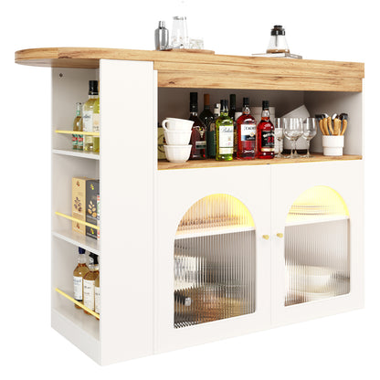 Bartisch ausziehbar 138-193cm, 360° drehbarer Stehtisch mit LED & Glasfront, Bistrotisch mit Regal, Esstisch mit Stauraum, Weiß