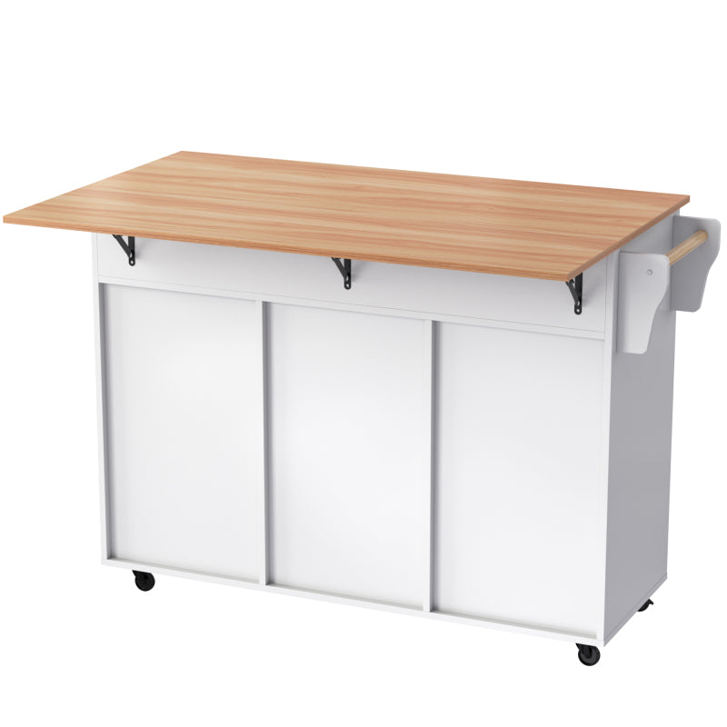 129x46(71)x91,5 cm großer Speisewagen/Sideboard, Arbeitsplatte mit Massivholzmaserung + Weiß Schrank/faltbare Arbeitsplatte/Aufbewahrungstür-Design/Räder/Massivholzfüße umschaltbar/für Zuhause geeig