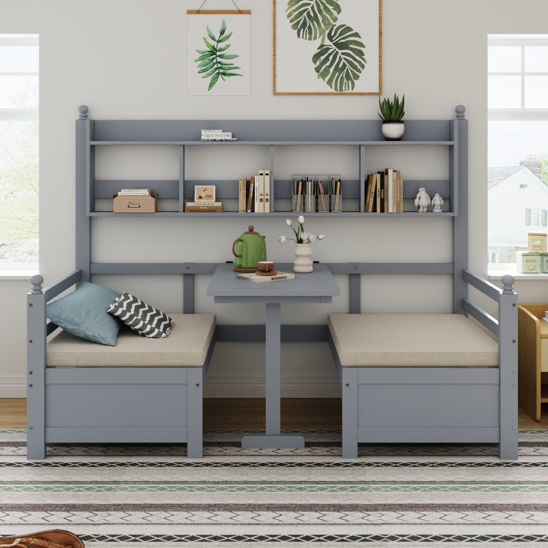 Multifunktionales Massivholz Schlafsofa 200x90 cm, 2-in-1 Bett und Schreibtisch, Frei Umbaubar, Mit Bücherregal Zur Aufbewahrung, Mit Bequemen Kissen, Gästebett Einzelholzbett, Weiß