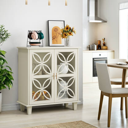 Sideboard mit Glastüren und verstellbaren Böden, freistehender Aufbewahrungsschrank im Retro-Stil, 2-türig, für Bad & Küche, Creme