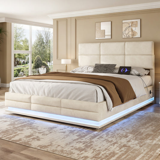 140 x 200cm Bettgestell aus weichem Samt mit USB Type C Ladefunktion und LED Beleuchtung, Hydrauliksystem Stauraum Bettgestell aus Samtmaterial Jugendbett mit Lattenrost, Beige