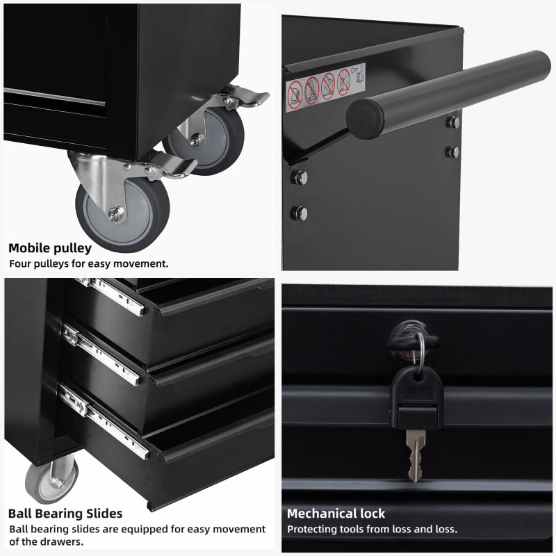 Werkzeugschrank, Werkzeugwagen, 24,2 Zoll, mit 7 Schubladen und Rädern, Werkzeugkasten aus Metall mit Rollen, Schwarz