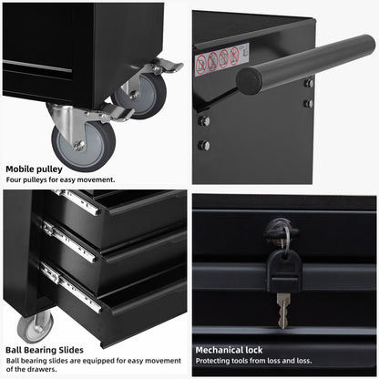 Werkzeugschrank, Werkzeugwagen, 24,2 Zoll, mit 7 Schubladen und Rädern, Werkzeugkasten aus Metall mit Rollen, Schwarz