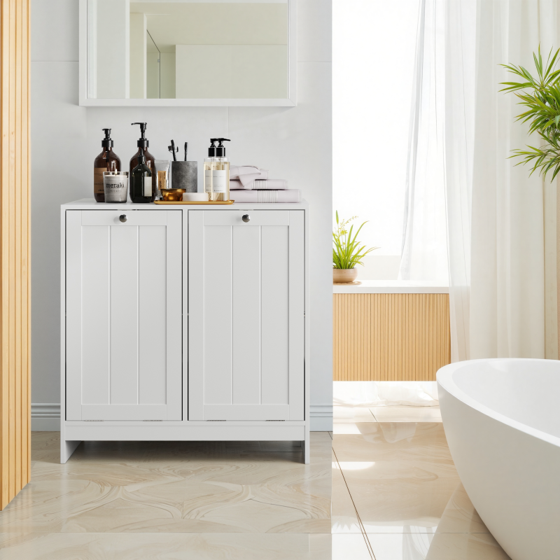 Badezimmer-Wäschekorb-Aufbewahrungsschrank, freistehender Home-Organizer, weiß