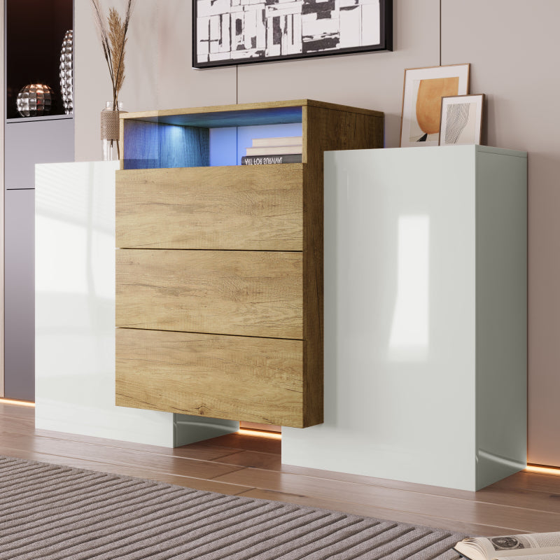 Sideboard, Moderner Kommode, Schrank 140cm, Hochglanz-Weiß und Holzfarbe, Mehrfarbige LED-Lichteffekte. Stilvolle Aufbewahrungslösung (Teilweise glänzende Oberfläche)
