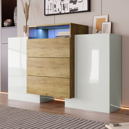Sideboard, Moderner Kommode, Schrank 140cm, Hochglanz-Weiß und Holzfarbe, Mehrfarbige LED-Lichteffekte. Stilvolle Aufbewahrungslösung (Teilweise glänzende Oberfläche)