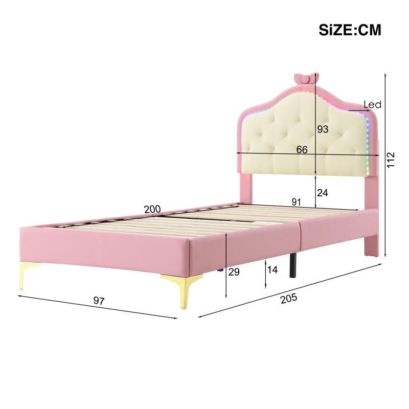 Polsterbett, Einzelbett, Wellenform mit Zugpunkt am Kopfende des Bettes, rosa Schleife, mit mehrfarbigen, wechselnden LED-Streifen, Kinderbett mit Holzlatten, Einzelbett, PU, rosa Bettrahmen, 90x200cm