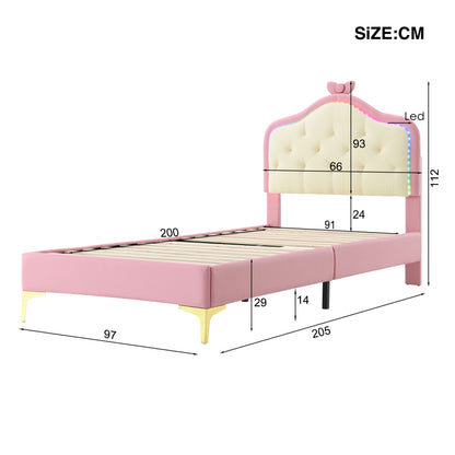 Polsterbett, Einzelbett, Wellenform mit Zugpunkt am Kopfende des Bettes, rosa Schleife, mit mehrfarbigen, wechselnden LED-Streifen, Kinderbett mit Holzlatten, Einzelbett, PU, rosa Bettrahmen, 90x200cm