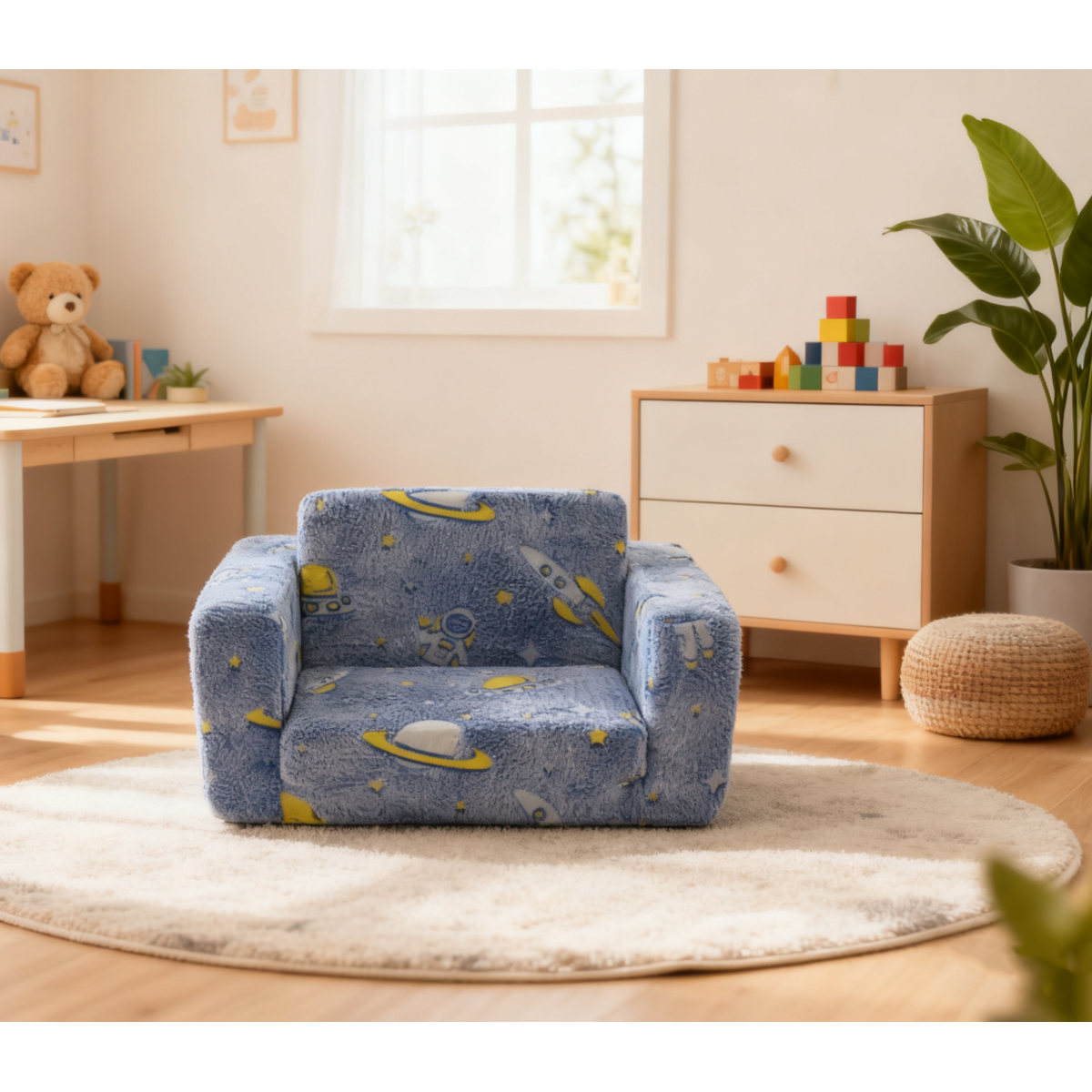 Klappbares Kindersofa Plüsch, Astronauten Muster leuchtend, waschbar, Blau/Grün