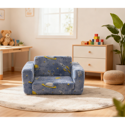 Klappbares Kindersofa Plüsch, Astronauten Muster leuchtend, waschbar, Blau/Grün