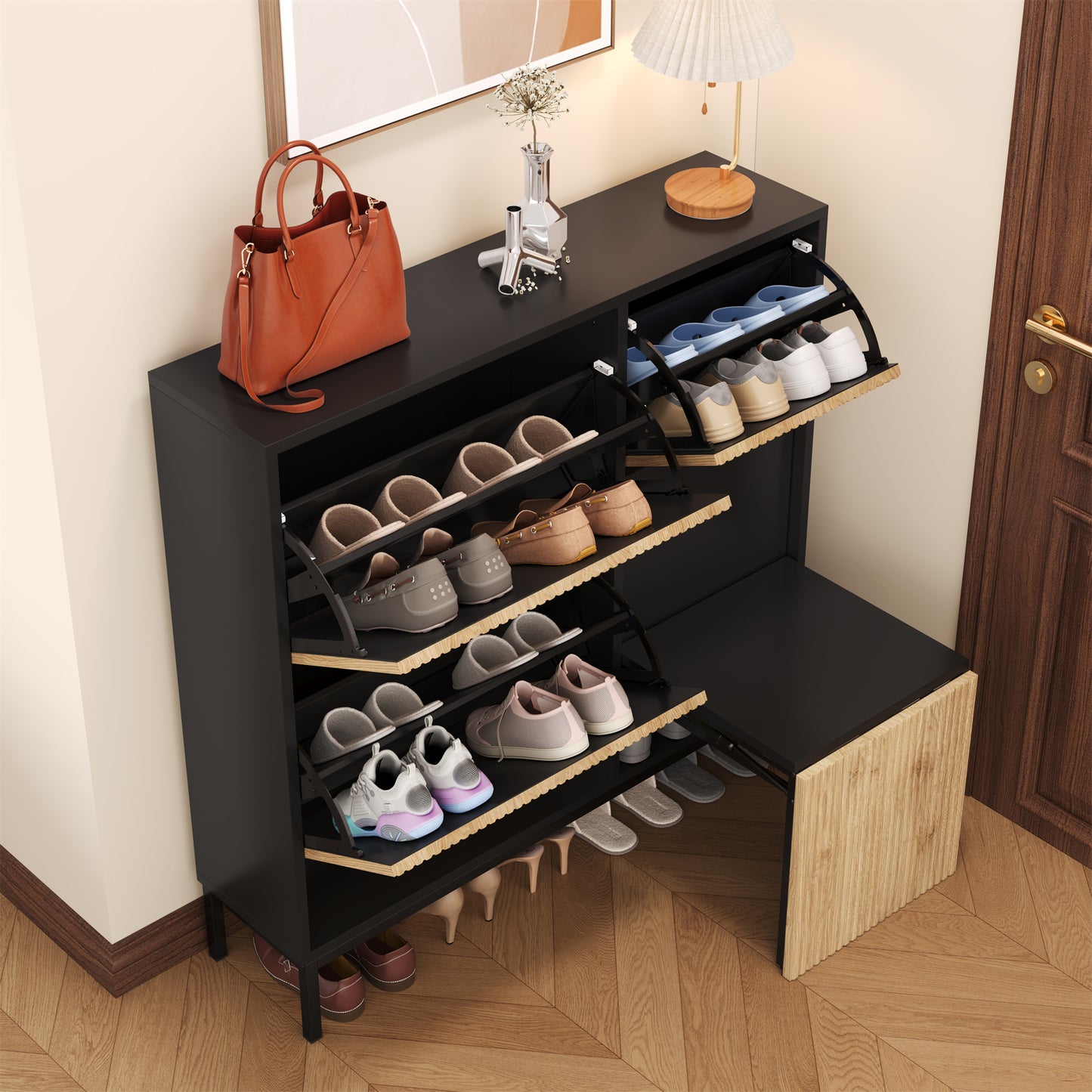 Schuhschrank mit Schuhwechselhocker, dreifach klappbarem Schuhregal und offenem Stauraum, geeignet für Flure, Schwarz + Holzfarbe