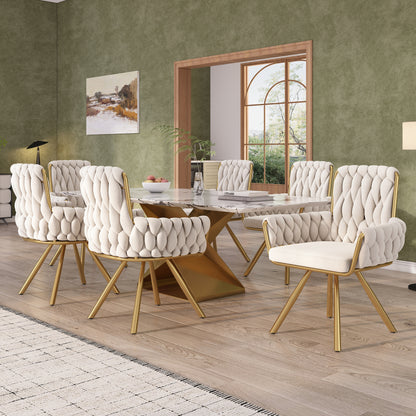 Samt-Esszimmerstuhl, 4er set, Freizeit-Drehstuhl mit vier Stützbeinen aus Metall, beige