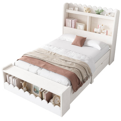 Kinderbett Einzelbett Stauraumbett mit Schubladen, Regal und Sitzbank mit Stauraum, Holzbett 90x190 cm, Weiß mit Eichefarben (Ohne Matratze)