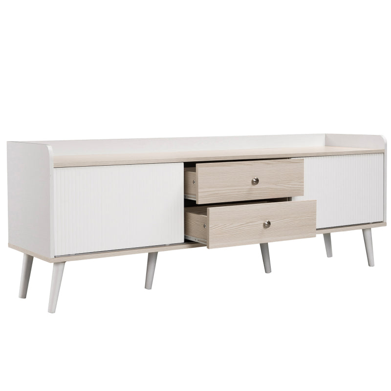 TV-Schrank mit zwei Schubladen, Fernsehtisch TV Board, TV- Lowboard niedrige Platte mit zwei Schiebetüren. Exquisite Textur. Weiß und natürliches Holzfarbe. H58/L160/T40 cm.