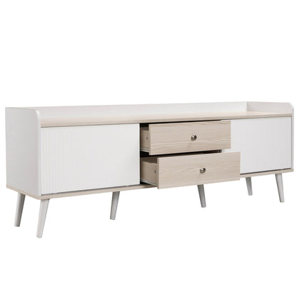 TV-Schrank mit zwei Schubladen, Fernsehtisch TV Board, TV- Lowboard niedrige Platte mit zwei Schiebetüren. Exquisite Textur. Weiß und natürliches Holzfarbe. H58/L160/T40 cm.