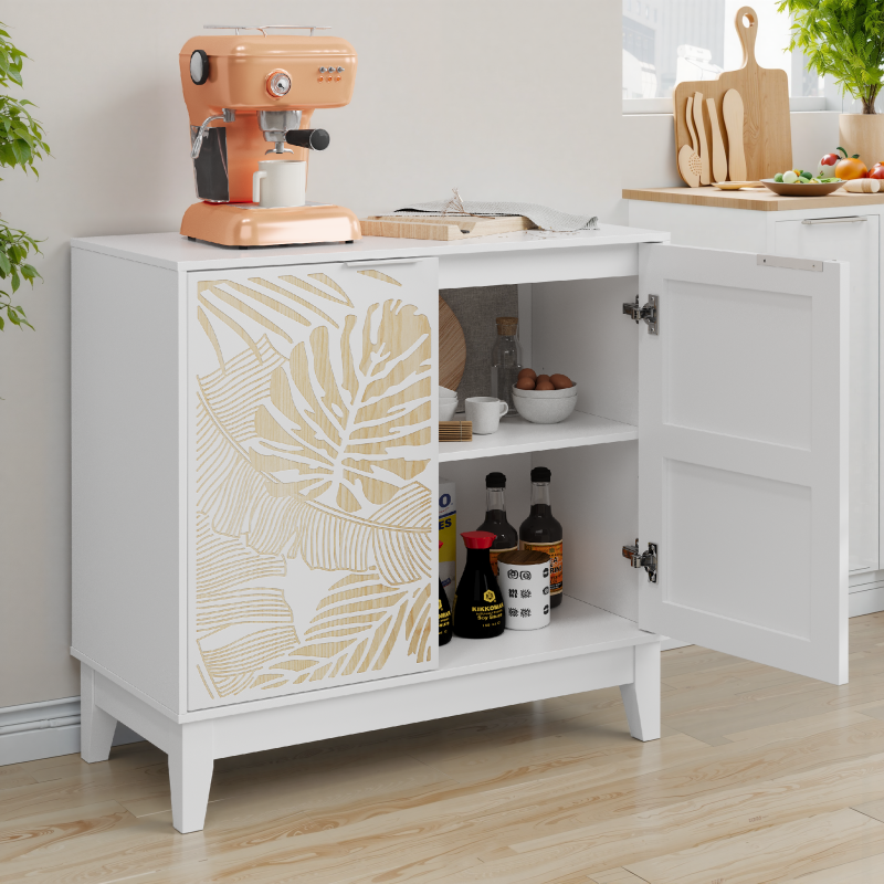 Vintage Buffetschrank mit Schnitzereien, 2 Türen & verstellbaren Böden – Holz Sideboard für Wohnzimmer, Küche & Esszimmer, Weiß