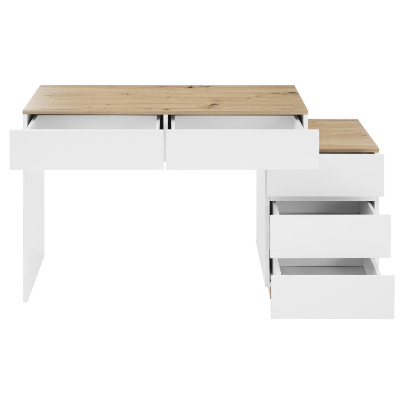 Schreibtisch mit 5 Schubladen,Frisiertisch, Funktion von Aufbewahrung, für Schlafzimmer , E1-Spanplatte, weiß+oak