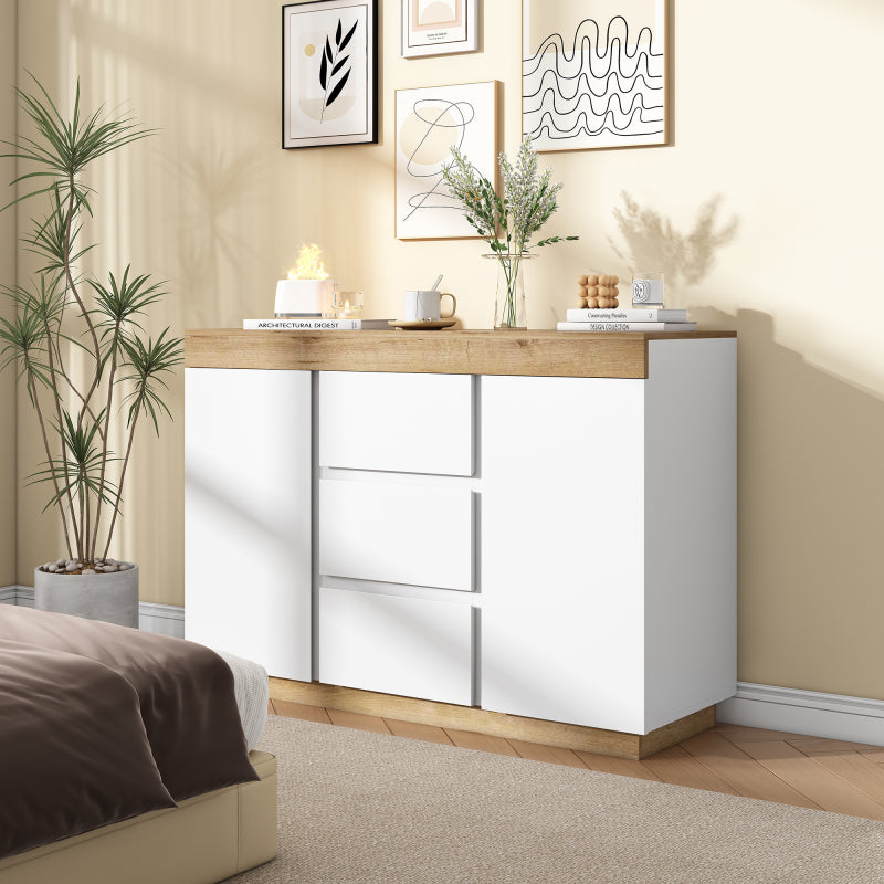 Kommode mit 3 Schubladen und 2 Türen, Schließfach,Funktion von Aufbewahrung, für Schlafzimmer und Wohnzimmer, E1-Spanplatte, weiß+oak