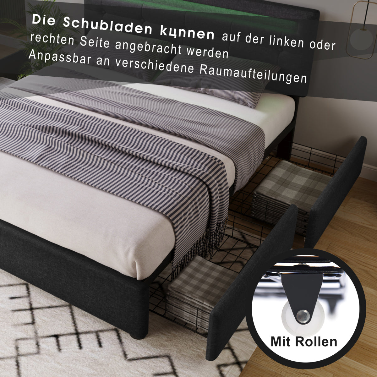 Polsterbett 140x200 cm Schwarz mit LED & 4 Schubladen - Doppelbett inkl. Lattenrost, Verstellbares Kopfteil & Stauraum (Ohne Matratze)