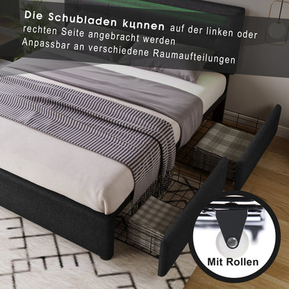 Polsterbett 140x200 cm Schwarz mit LED & 4 Schubladen - Doppelbett inkl. Lattenrost, Verstellbares Kopfteil & Stauraum (Ohne Matratze)