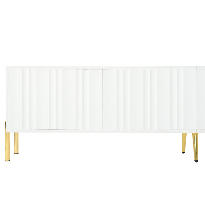 Weißes TV-Schrank, 190 cm lang x 38 cm breit x 48 cm hoch, goldene Tischbeine, gerilltes Türdesign