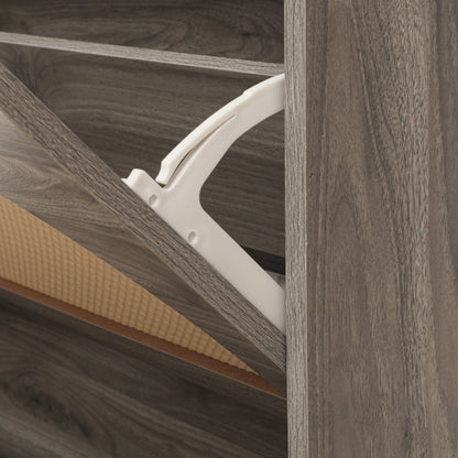 Schuhschrank mit zwei Türen, austauschbaren halbrunden Türfronten und Rattan-Oberfläche, geeignet für den Eingangsbereich und andere Szenen, Retro-grauer