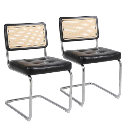 Mittelalterliche moderne Esszimmerstühle, ein Satz von 2-Rattan Esszimmerstühlen mit weichen gepolsterten Kunstlederelementen, armlose Mesh Rückenlehne Rattan Stühle, Metall Chrom Beine(Black)