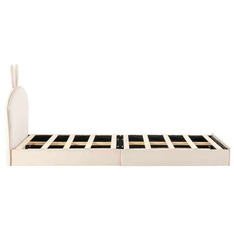 Kaninchen Kopfteil Polsterbett, Kinderbett mit Holzlatten, Einzelbett, Samt, Beige, 90x200cm