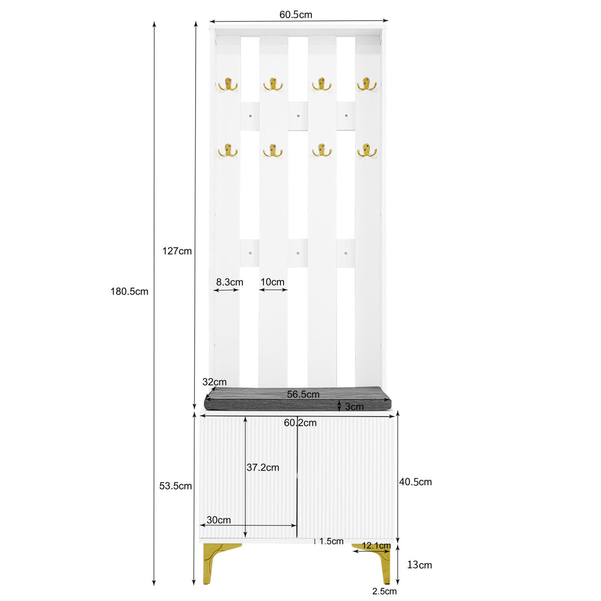 Hoher Garderobenschrank mit Wellentüren, Push-to-Open, verstellbaren Regalen & Goldakzenten, Weiß, 60,5×35,2×180,5 cm