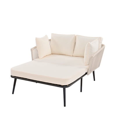 Gartensofa mit 2 Kissen und 2 Polster, Sonnenliege im Außenbereich, Gartenlounge, Kissen sind abnehmbar und waschbar, Beige