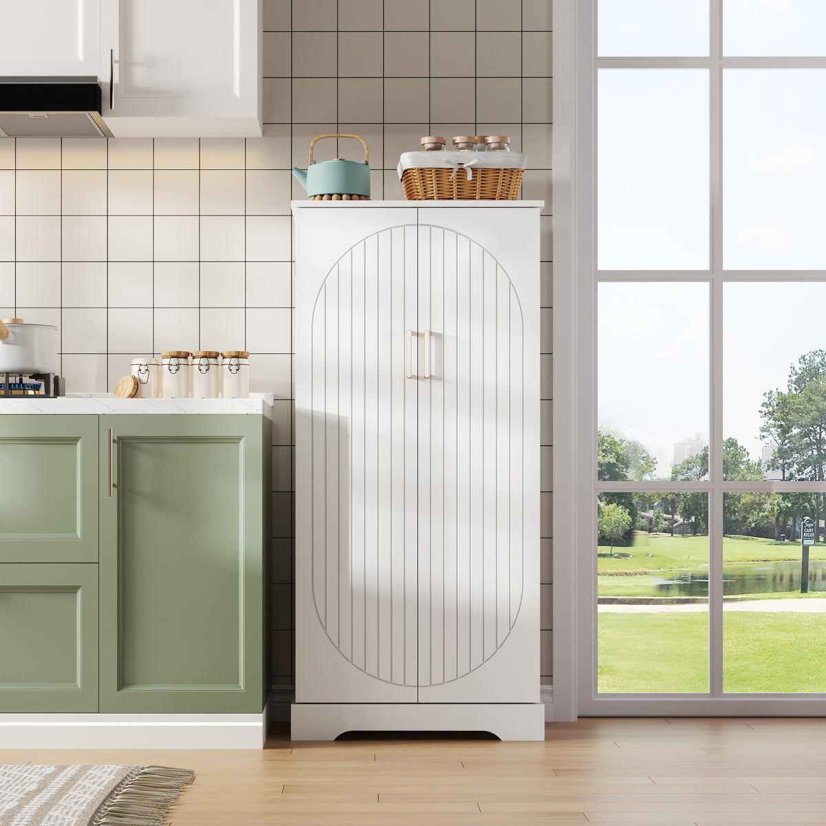 Hochschrank Weiß (60x128x35 cm), Küchenschrank mit LED-Sensorlicht