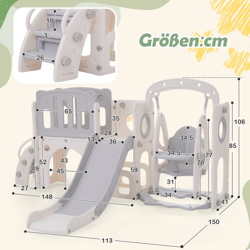 7-in-1-Rutsche für Kinder, bestehend aus Rutsche, Schaukel, Plattform, Unterschrank, Lochbohrspiel, Basketballkorb und Treppe - hochdichtes Polyethylen (Ozeanball nicht enthalten)