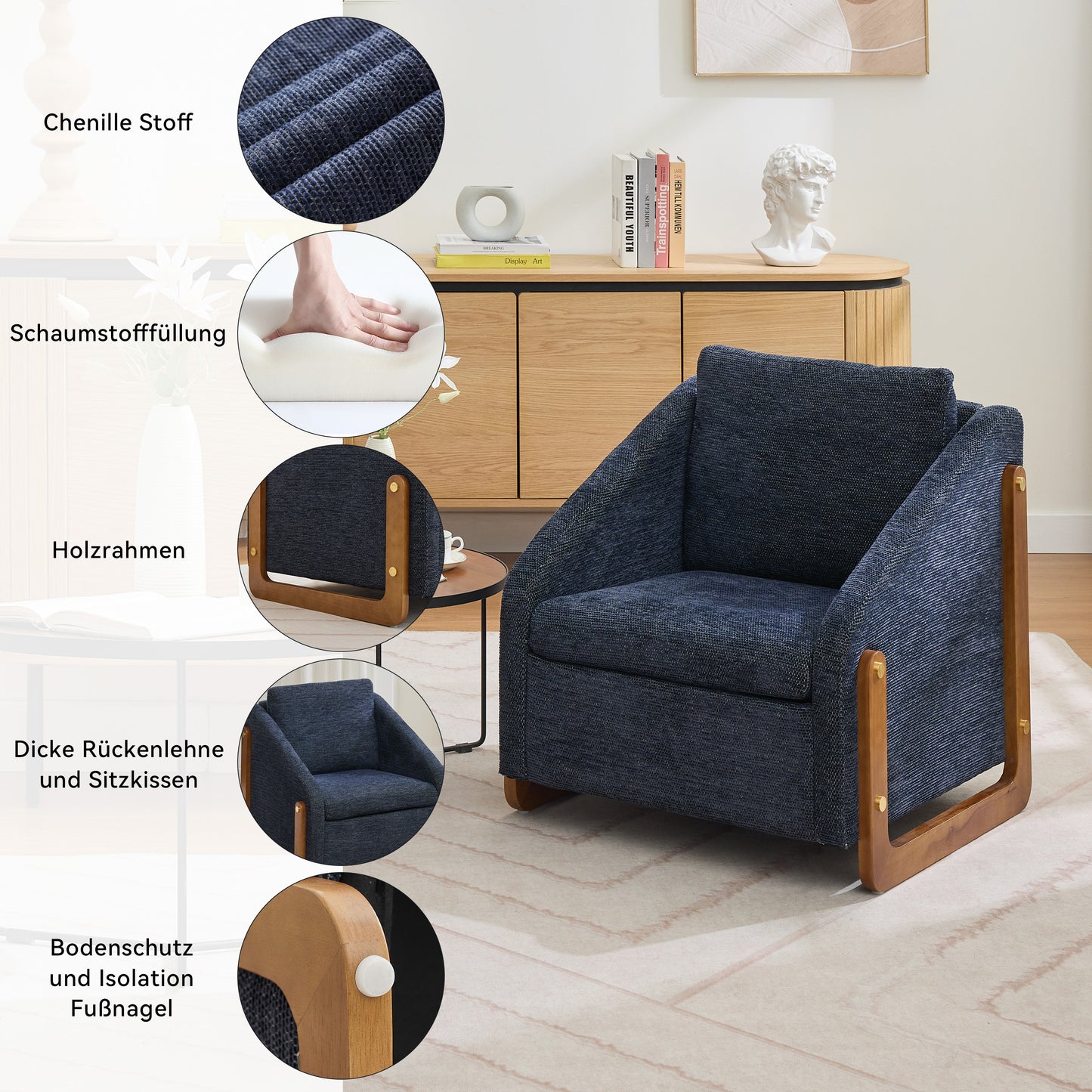 Sessel, Akzentstuhl für Wohnzimmer, Loungesessel, moderner Stuhl mit Armlehne aus Holz, mit Rückenkissen, blauer