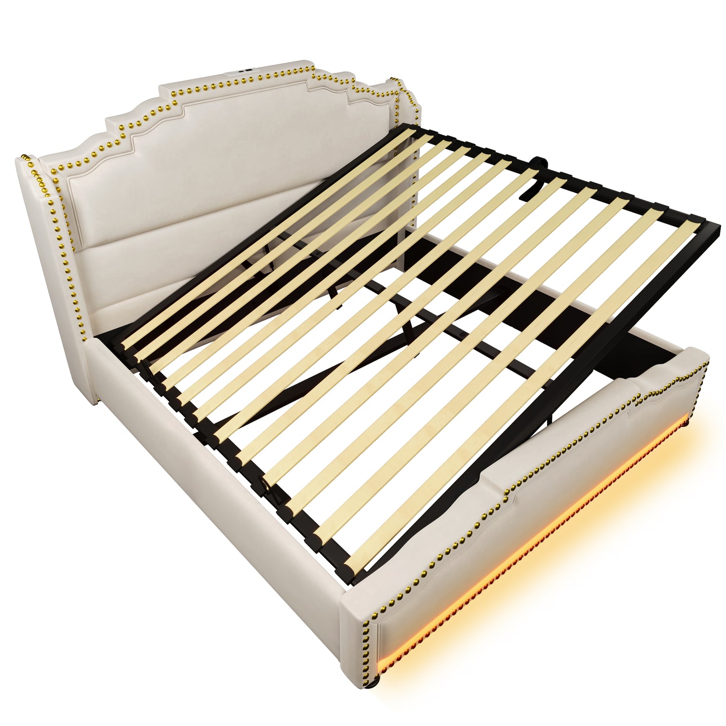 Polsterbett 140x200, Doppelbett mit hydraulischem Stauraum, LED-Beleuchtung und USB-C-Ladeanschluss, Stauraumbett und Jugendbett mit Lattenrost, Samt, Beige, Mit Matratze