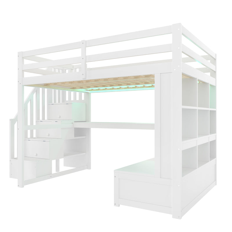140x200 Hochbett mit Schreibtisch und Regalen, zwei integrierten Schubladen, Stauraumtreppe, weiß