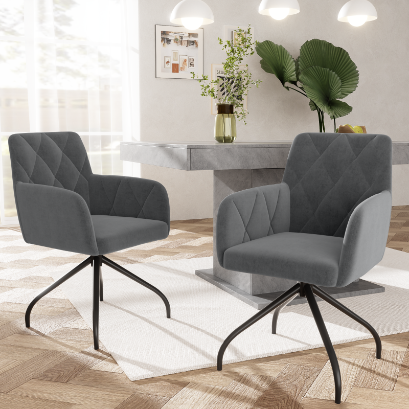 2er Set 360° Drehbarer Esszimmerstühle mit Rautenmuster,Gepolsterter Sessel mit 4 Metallbeinen,Moderner Lounge-Stuhl,Wohnzimmerstuhl   für Shlafzimmer,Arbeitzimmer,Lendenwirbelstütze,Samt,anthrazit